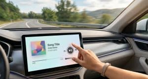 Android Auto audio : le swipe latéral fluidifie vos trajets Une main utilise l'écran tactile d'une voiture pour changer de piste audio sur Android Auto pendant un trajet.