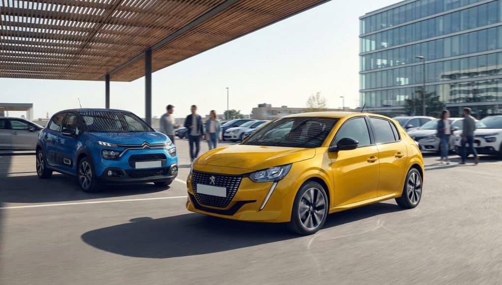 Duel entre la Peugeot 208 et la Citroën C3 Une Peugeot 208 jaune et une Citroën C3 bleue sur un parking extérieur.