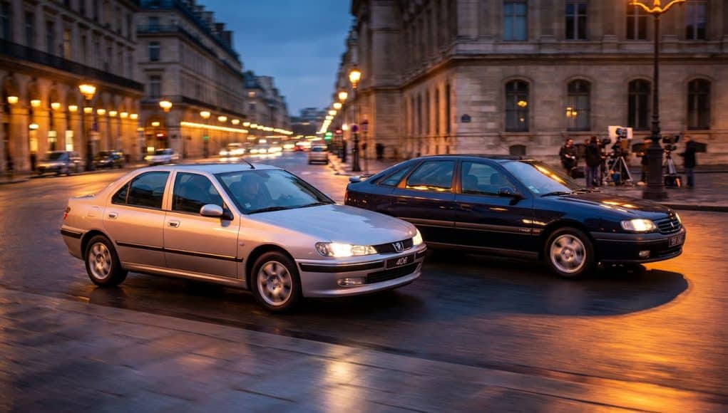 Peugeot 406 : la star de Taxi Deux Peugeot 406 circulant sur une rue pavée de Paris au crépuscule.