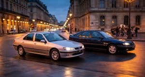Voitures françaises au cinéma : des modèles devenus cultes Deux Peugeot 406 circulant sur une rue pavée de Paris au crépuscule.