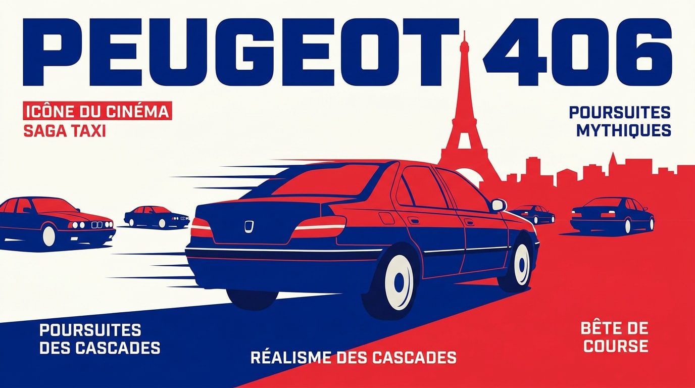 Peugeot 406 blanche modifiée pour le film Taxi circulant dans les rues de Marseille