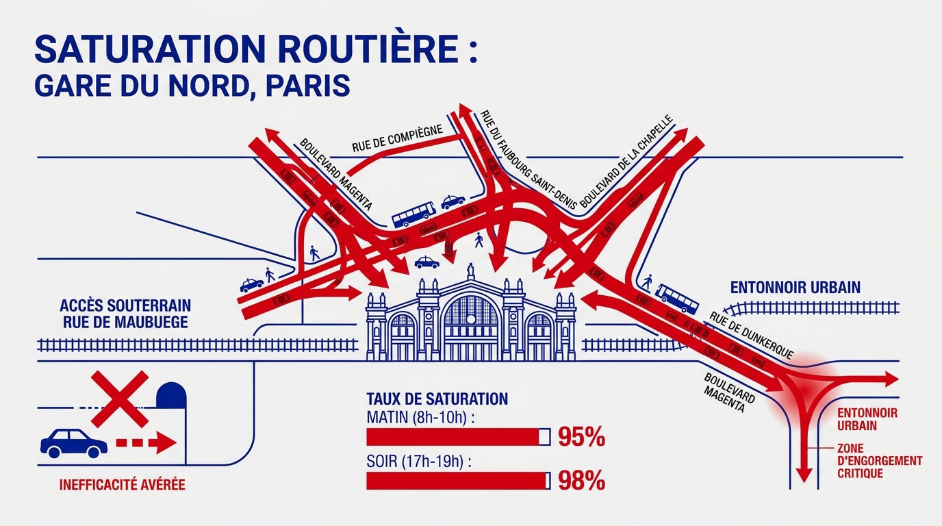 Saturation du trafic routier devant la gare du Nord à Paris avec bus et taxis bloqués
