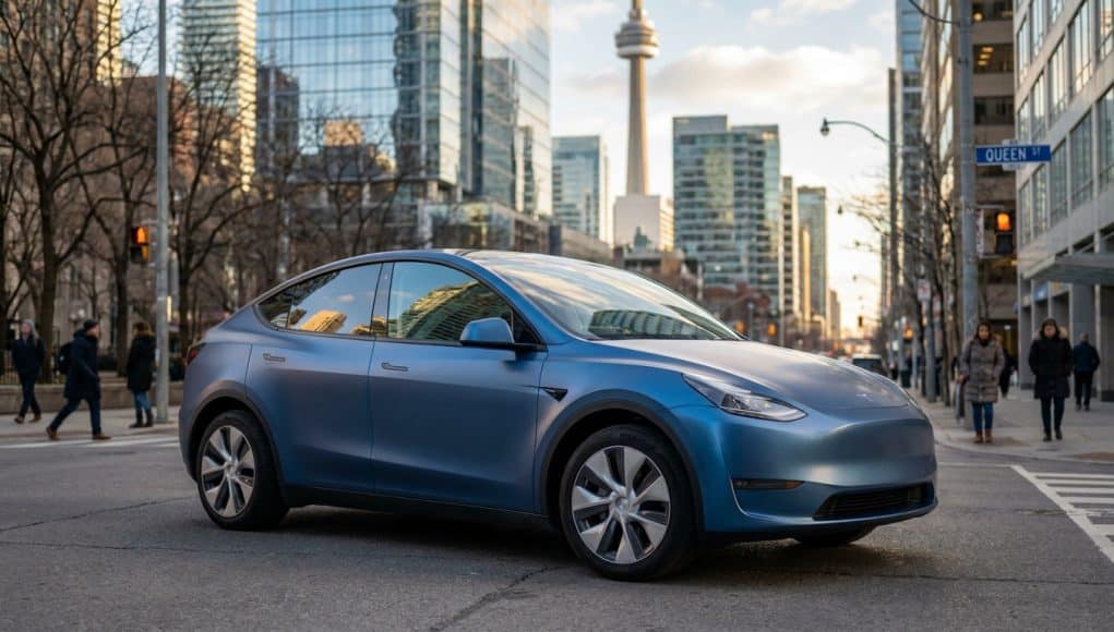 Voitures électriques à Toronto Une Tesla Model Y bleu mat circulant dans une rue animée de Toronto avec la tour CN en arrière-plan.