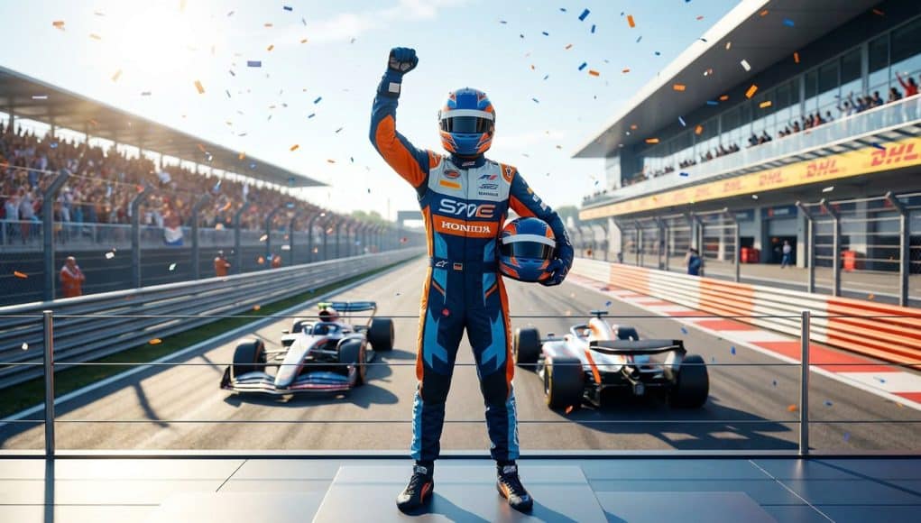 George Russell : Pole position au Grand Prix du Canada 2026 Un pilote de F1 célèbre sa pole position sur le podium avec des confettis, entouré de deux voitures de course.