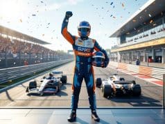 Pole Canada 2026 : Le coup de maître de George Russell Un pilote de F1 célèbre sa pole position sur le podium avec des confettis, entouré de deux voitures de course.