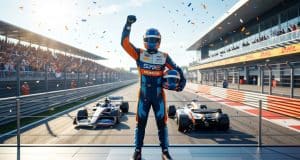 Pole Canada 2026 : Le coup de maître de George Russell Un pilote de F1 célèbre sa pole position sur le podium avec des confettis, entouré de deux voitures de course.