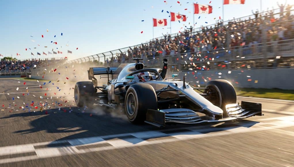 Antonelli triomphe au GP du Canada 2026 Une monoplace de Formule 1 franchit la ligne d'arrivée sous une pluie de confettis, le pilote lève le bras en signe de victoire.