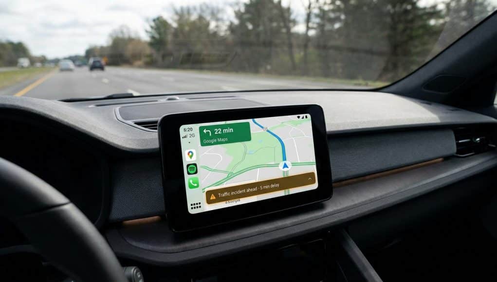 Écran de voiture affichant Google Maps sur Android Auto avec une alerte de trafic simplifiée en bas.