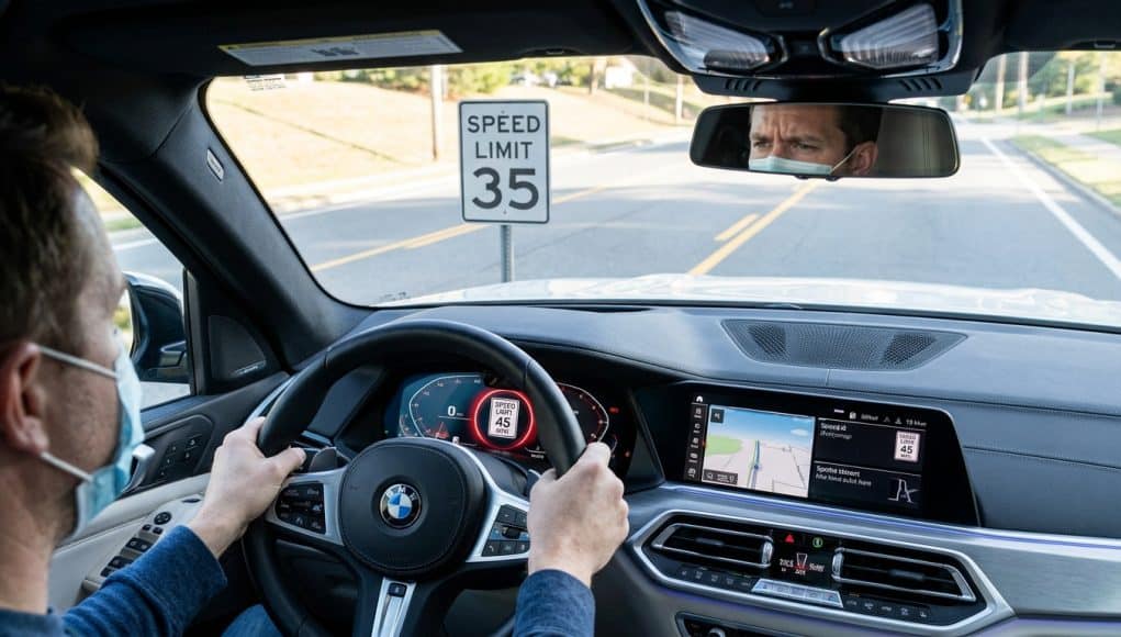 Conducteur dans une BMW lisant mal un panneau de limitation de vitesse de 35 mph comme étant 45 mph sur son tableau.