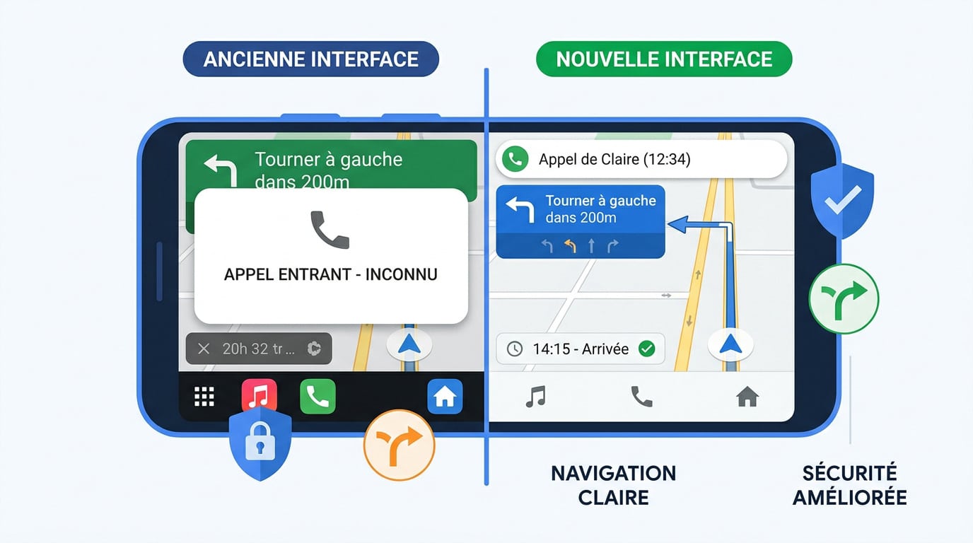 Comparaison entre l'ancienne interface plein écran et la nouvelle bannière compacte sur Android Auto