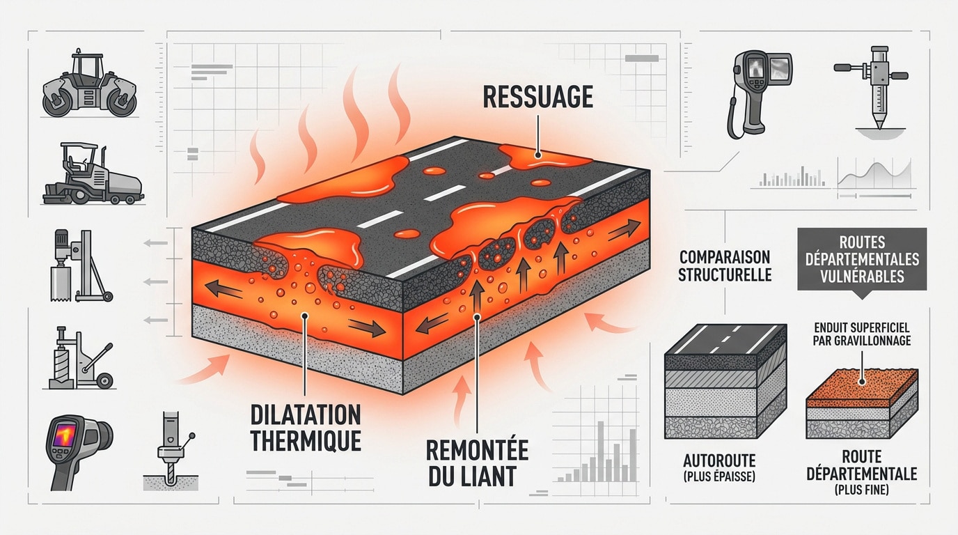 Illustration d'une route goudronnée subissant un phénomène de ressuage sous la chaleur