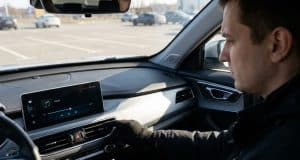 Pourquoi baisser la musique au parking : l’explication Un conducteur portant des gants règle les paramètres multimédia sur l'écran tactile de sa voiture dans un parking.