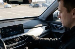 Pourquoi baisser la musique au parking : l’explication Un conducteur portant des gants règle les paramètres multimédia sur l'écran tactile de sa voiture dans un parking.