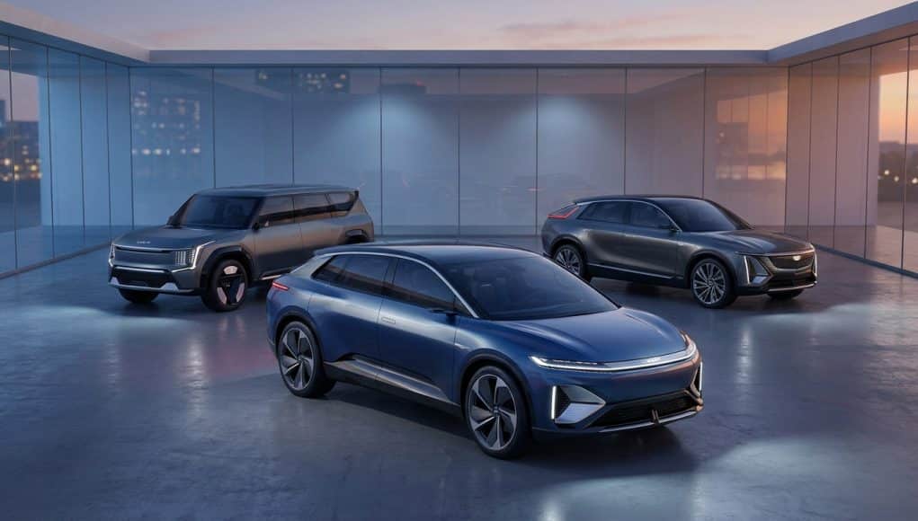 Trois voitures électriques modernes stationnées dans un showroom minimaliste en verre au coucher du soleil.