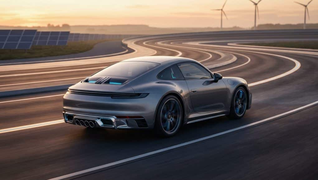 Porsche 911 : entre tradition et électrification Une Porsche 911 grise roulant sur une piste sinueuse au coucher du soleil, entourée de panneaux solaires et d'éoliennes.