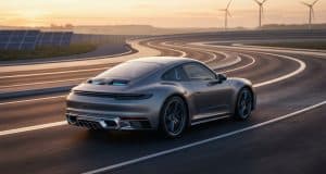 Porsche 911 électrique : la fin du tout-électrique Une Porsche 911 grise roulant sur une piste sinueuse au coucher du soleil, entourée de panneaux solaires et d'éoliennes.