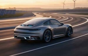 Porsche 911 électrique : la fin du tout-électrique Une Porsche 911 grise roulant sur une piste sinueuse au coucher du soleil, entourée de panneaux solaires et d'éoliennes.