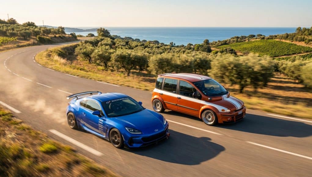 Clutch : Un duel de voitures sur une route côtière Une voiture de sport bleue et un monospace orange roulant sur une route sinueuse en bord de mer.