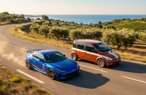 Clutch jeu course : l’ambition d’un monde ouvert inédit Une voiture de sport bleue et un monospace orange roulant sur une route sinueuse en bord de mer.