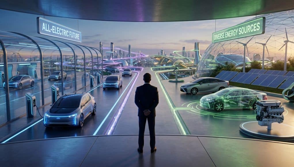 Akio Toyoda : l'avenir multi-énergies de l'automobile Un homme en costume observe une ville futuriste séparée entre des bornes électriques et des sources d'énergie diverses.