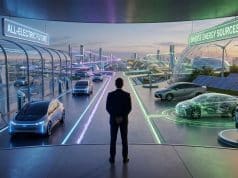 Akio Toyoda : sa vision multi-énergies face à l’électrique Un homme en costume observe une ville futuriste séparée entre des bornes électriques et des sources d'énergie diverses.