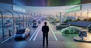 Akio Toyoda : sa vision multi-énergies face à l’électrique Un homme en costume observe une ville futuriste séparée entre des bornes électriques et des sources d'énergie diverses.
