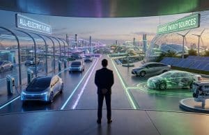 Akio Toyoda : sa vision multi-énergies face à l’électrique Un homme en costume observe une ville futuriste séparée entre des bornes électriques et des sources d'énergie diverses.