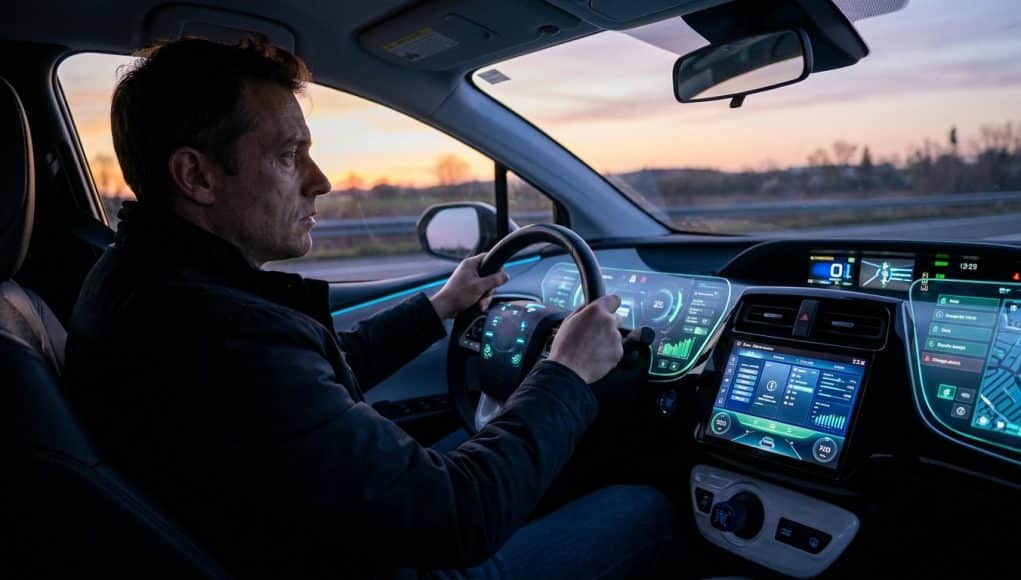 Fatigue technologique : la surcharge cognitive au volant Un conducteur concentré au volant d'une voiture moderne entouré de multiples écrans numériques lumineux au crépuscule.