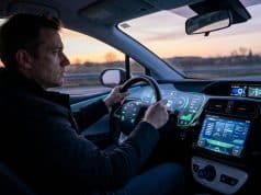 Fatigue technologique en voiture : la surcharge cognitive Un conducteur concentré au volant d'une voiture moderne entouré de multiples écrans numériques lumineux au crépuscule.