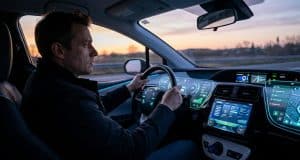 Fatigue technologique en voiture : la surcharge cognitive Un conducteur concentré au volant d'une voiture moderne entouré de multiples écrans numériques lumineux au crépuscule.
