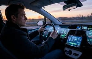 Fatigue technologique en voiture : la surcharge cognitive Un conducteur concentré au volant d'une voiture moderne entouré de multiples écrans numériques lumineux au crépuscule.