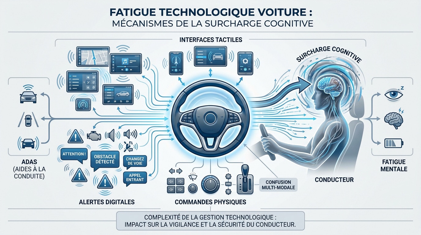 Conducteur distrait par les écrans tactiles et les alertes technologiques dans une voiture moderne