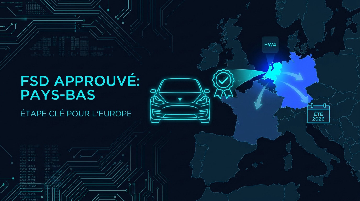 Véhicule Tesla en mode conduite autonome FSD sur une route européenne