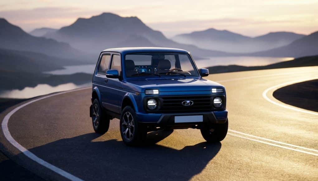 Une Lada Niva bleue moderne circulant sur une route côtière sinueuse au coucher du soleil avec des montagnes en arrière-plan.