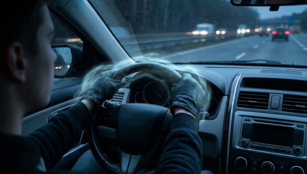 Protoxyde d’azote au volant : un danger mortel Un jeune conducteur tient un volant entouré d’une brume bleutée évoquant l’effet du protoxyde d’azote en conduisant.
