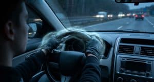 Le protoxyde d’azote au volant : une menace pour les jeunes Un jeune conducteur tient un volant entouré d’une brume bleutée évoquant l’effet du protoxyde d’azote en conduisant.