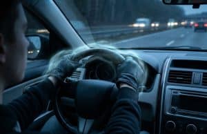 Le protoxyde d’azote au volant : une menace pour les jeunes Un jeune conducteur tient un volant entouré d’une brume bleutée évoquant l’effet du protoxyde d’azote en conduisant.