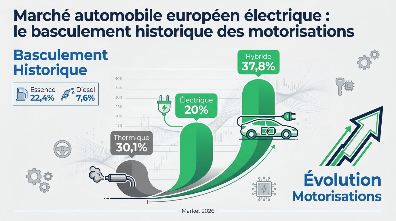 Graphique montrant la chute des motorisations thermiques au profit de l'électrique et de l'hybride en Europe en 2026