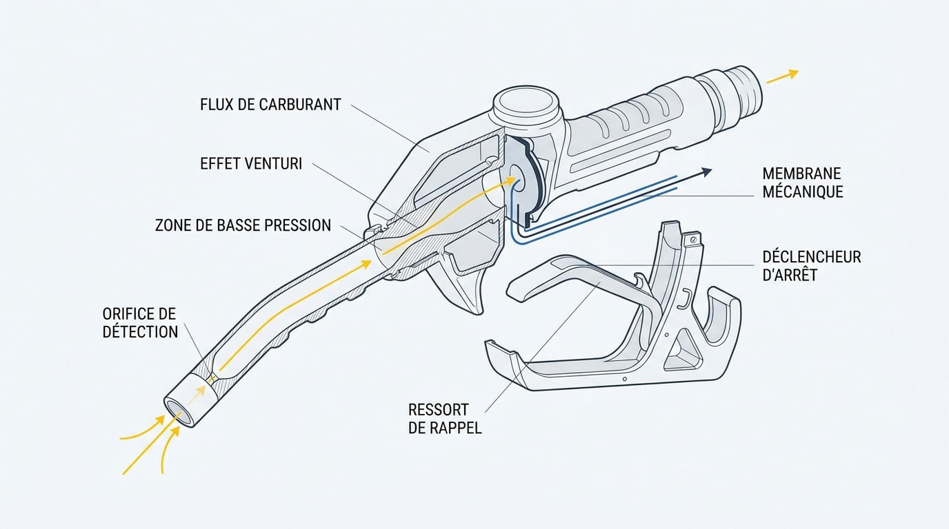 Schéma technique du mécanisme Venturi dans un pistolet de carburant