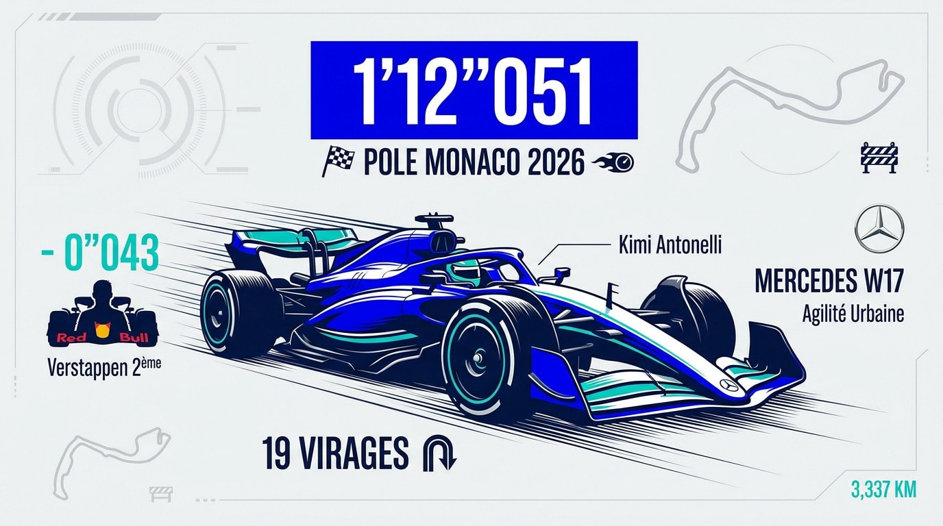 Kimi Antonelli en pole position au Grand Prix de Monaco 2026 au volant de sa Mercedes W17