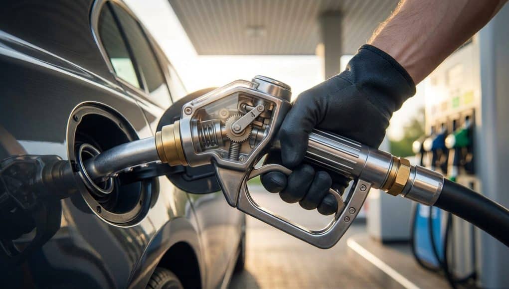 Une main gantée tenant un pistolet de pompe à essence avec un mécanisme interne visible inséré dans le réservoir d'une voiture.