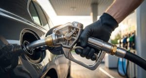 Fonctionnement du pistolet essence : les secrets de l’arrêt Une main gantée tenant un pistolet de pompe à essence avec un mécanisme interne visible inséré dans le réservoir d'une voiture.