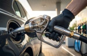 Fonctionnement du pistolet essence : les secrets de l’arrêt Une main gantée tenant un pistolet de pompe à essence avec un mécanisme interne visible inséré dans le réservoir d'une voiture.
