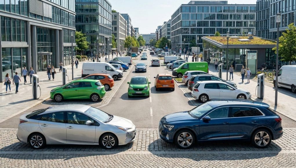 Voitures électriques et hybrides stationnées sur une place moderne entourée de bâtiments de bureaux dans une ville.