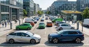 Le basculement du marché automobile européen électrique Voitures électriques et hybrides stationnées sur une place moderne entourée de bâtiments de bureaux dans une ville.