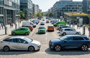 Le basculement du marché automobile européen électrique Voitures électriques et hybrides stationnées sur une place moderne entourée de bâtiments de bureaux dans une ville.