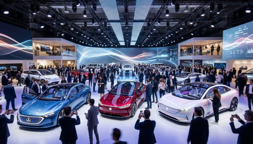 Mondial de l'Auto 2026 : exposition de véhicules futuristes Une foule visite un salon automobile moderne avec des voitures électriques conceptuelles sous un éclairage sophistiqué.