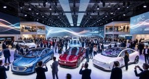 Mondial automobile 2026 : nouveautés de la 91e édition Une foule visite un salon automobile moderne avec des voitures électriques conceptuelles sous un éclairage sophistiqué.