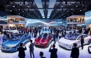 Mondial automobile 2026 : nouveautés de la 91e édition Une foule visite un salon automobile moderne avec des voitures électriques conceptuelles sous un éclairage sophistiqué.