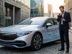 Xiaomi SU7 en Europe : les risques de l’importation grise Un homme d'affaires pensif examine une tablette devant une Xiaomi SU7 argentée garée sur des pavés en ville.